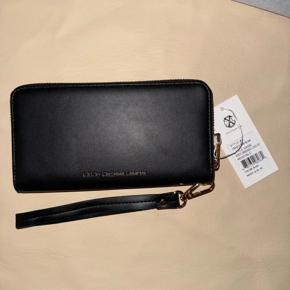 CXL by Christian Lacroix Black Embossed Logo Zip Around Wristlet Wallet NEW